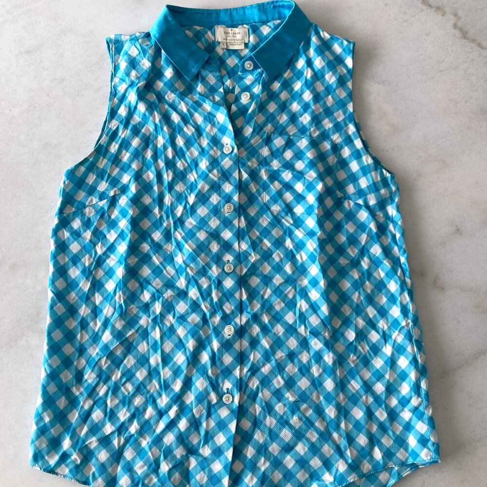 Kate Spade turquoise blue & white gingham button down blouse / shirt, silk blend